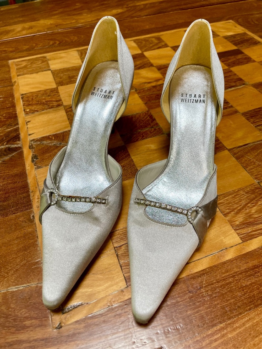 Stuart Weitzman Silver Satin Rhinestone-Embellished Pointed Toe Heels